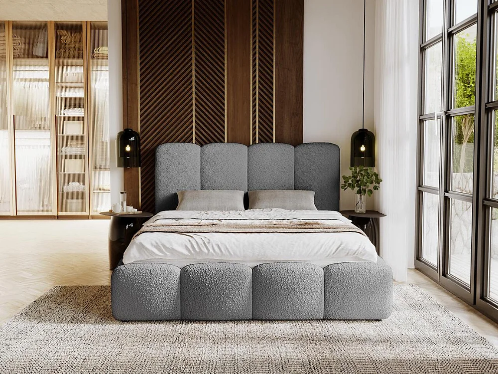 Lit rembourré avec rangement - 180 x 200 - lit double - bouclé - gris - Galli