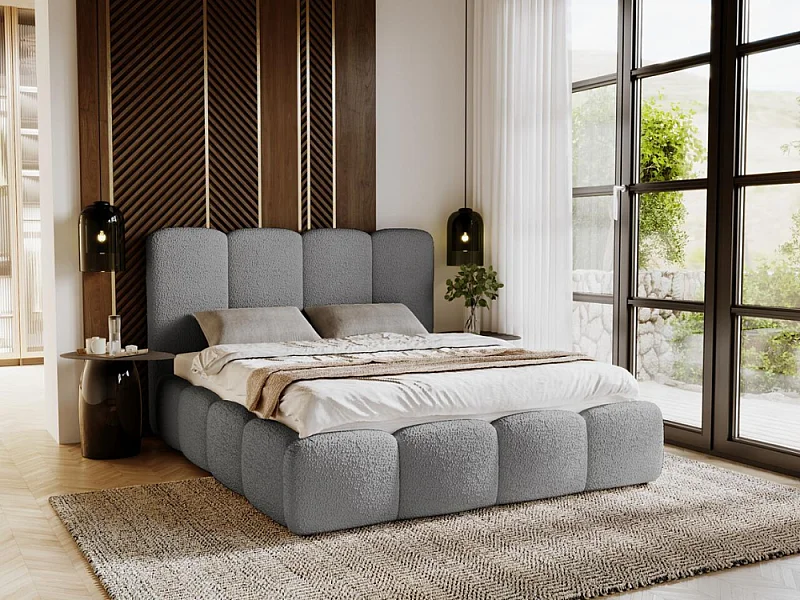 Gestoffeerd bed Galli 180x200 grijs - opbergruimte voor beddengoed, houten lattenbodem, doorgestikt hoofdbord en bedframe