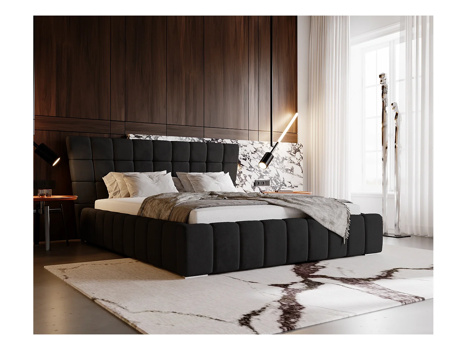 Lit rembourré avec rangement - 160 x 200 - lit double - velours - noir - Paris