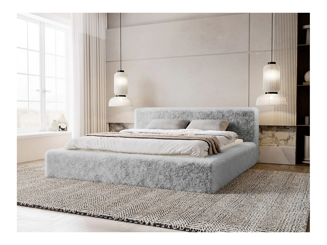 Lit rembourré avec rangement - 180 x 200 - lit double - peluche - gris clair - Enjoy