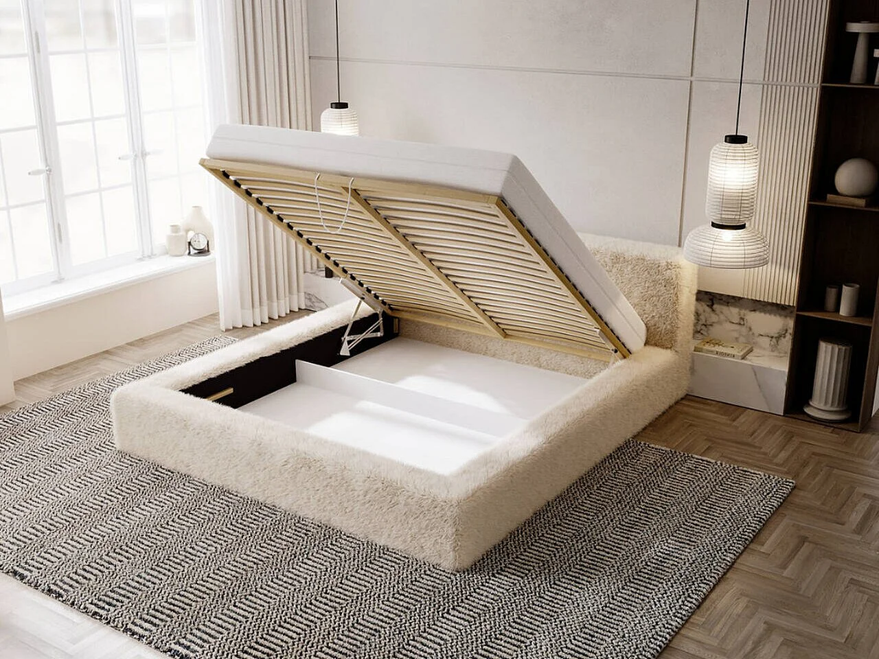 Lit rembourré avec rangement - 180 x 200 - lit double - peluche - gris clair - Enjoy