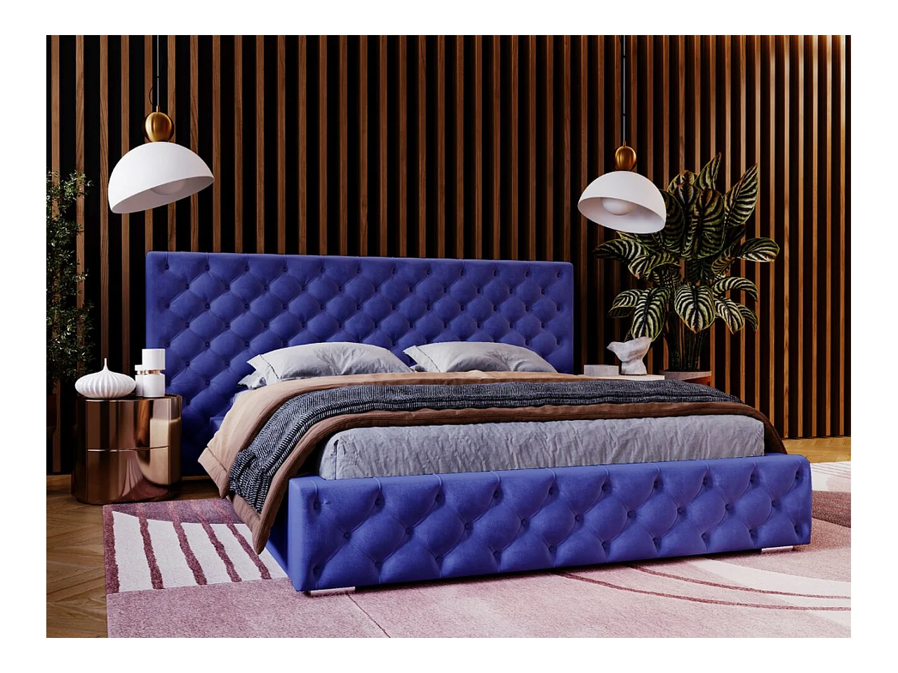 Lit rembourré avec rangement - 120 x 200 - lit double - velours - bleu - Madera