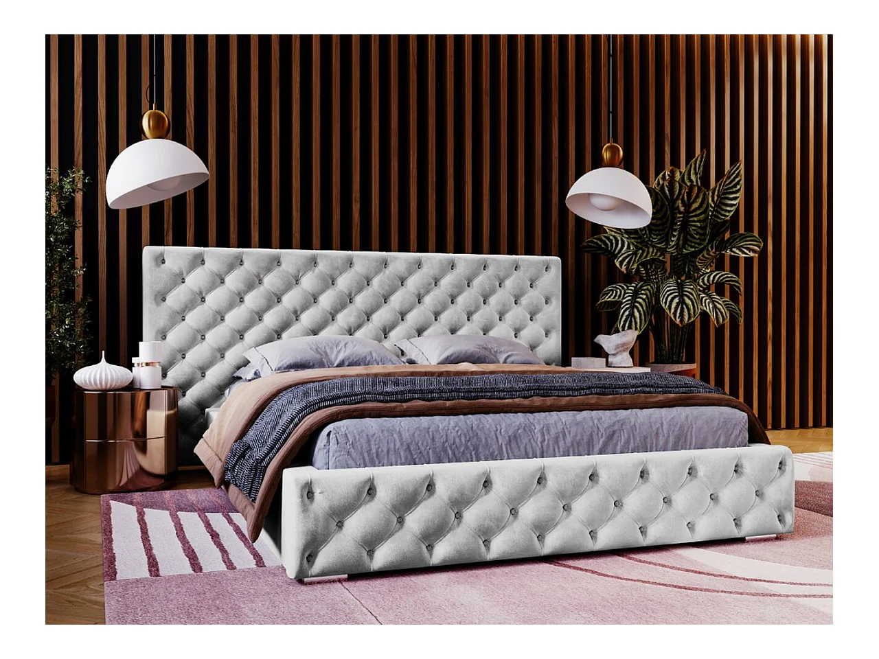 Lit rembourré avec rangement - 120 x 200 - lit double - velours - gris clair - Madera
