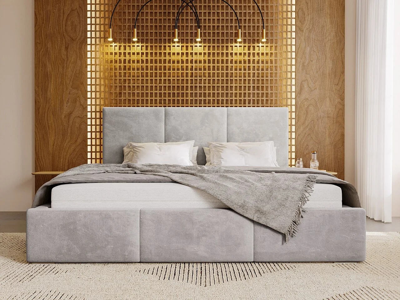 Lit rembourré avec rangement - 120 x 200 - lit double - velours - gris clair - Lincoln