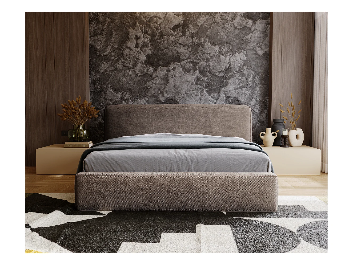 Polsterbett mit Bettkasten - 180 x 200 - Chenille-Stoff - Braun - Bett mit Lattenrost - MONZA