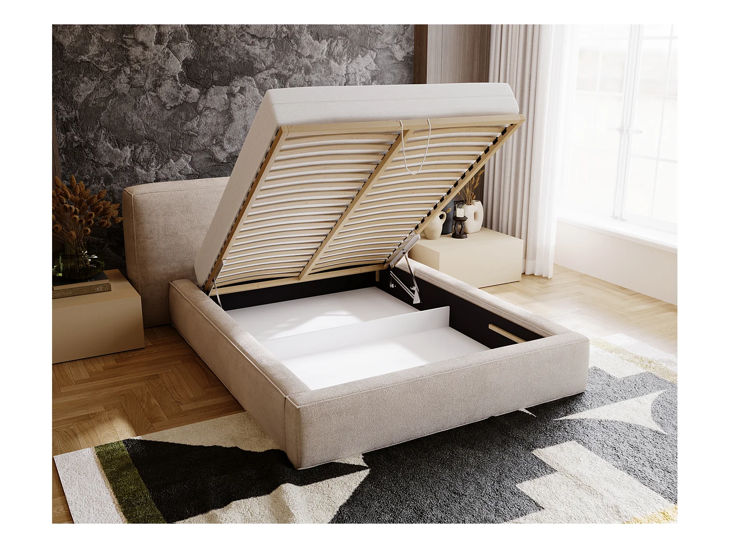 Polsterbett mit Bettkasten - 180 x 200 - Chenille-Stoff - Braun - Bett mit Lattenrost - MONZA