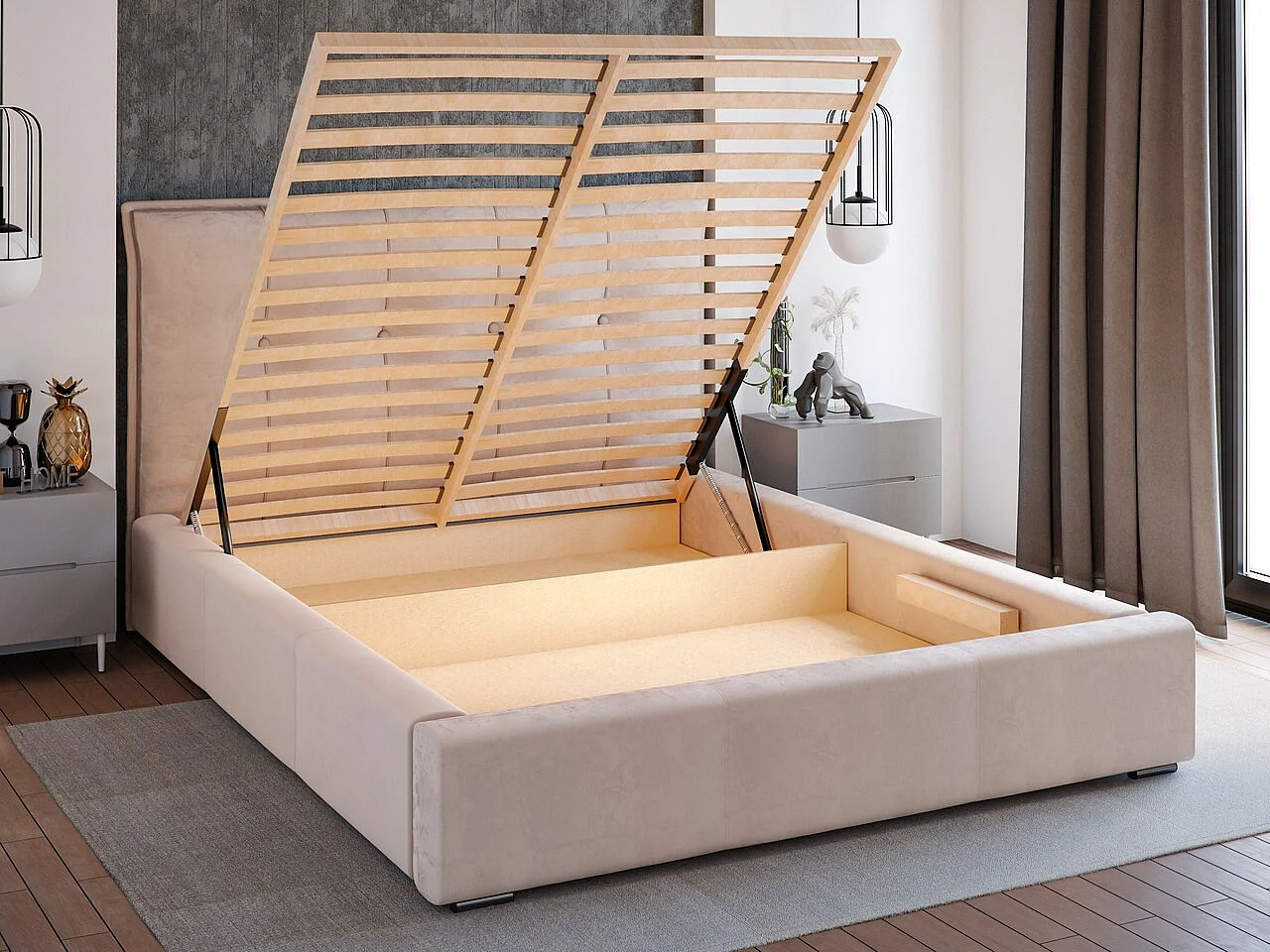 Gestoffeerd bed Valencia 180x200 grijs - opbergruimte voor beddengoed, houten lattenbodem, doorgestikt hoofdbord en bedframe