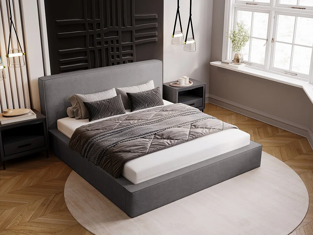 Gestoffeerd bed Monaco 120x200 grijs - opbergruimte voor beddengoed, houten lattenbodem, doorgestikt hoofdbord en bedframe