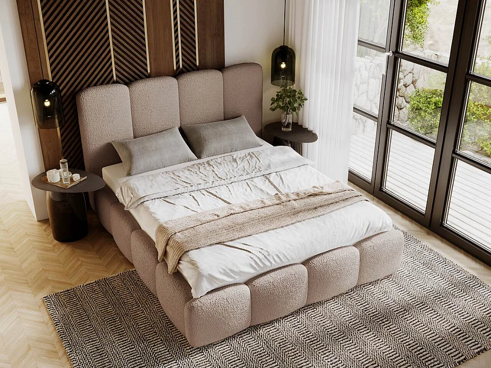 Lit rembourré avec rangement - 200 x 200 - lit double - bouclé - marron - Galli