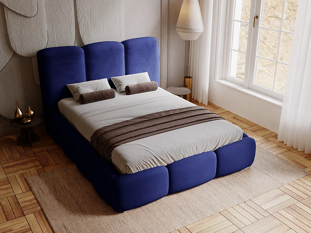 Gestoffeerd bed Bubble 160x200 blauw - opbergruimte voor beddengoed, houten lattenbodem, doorgestikt hoofdbord en bedframe