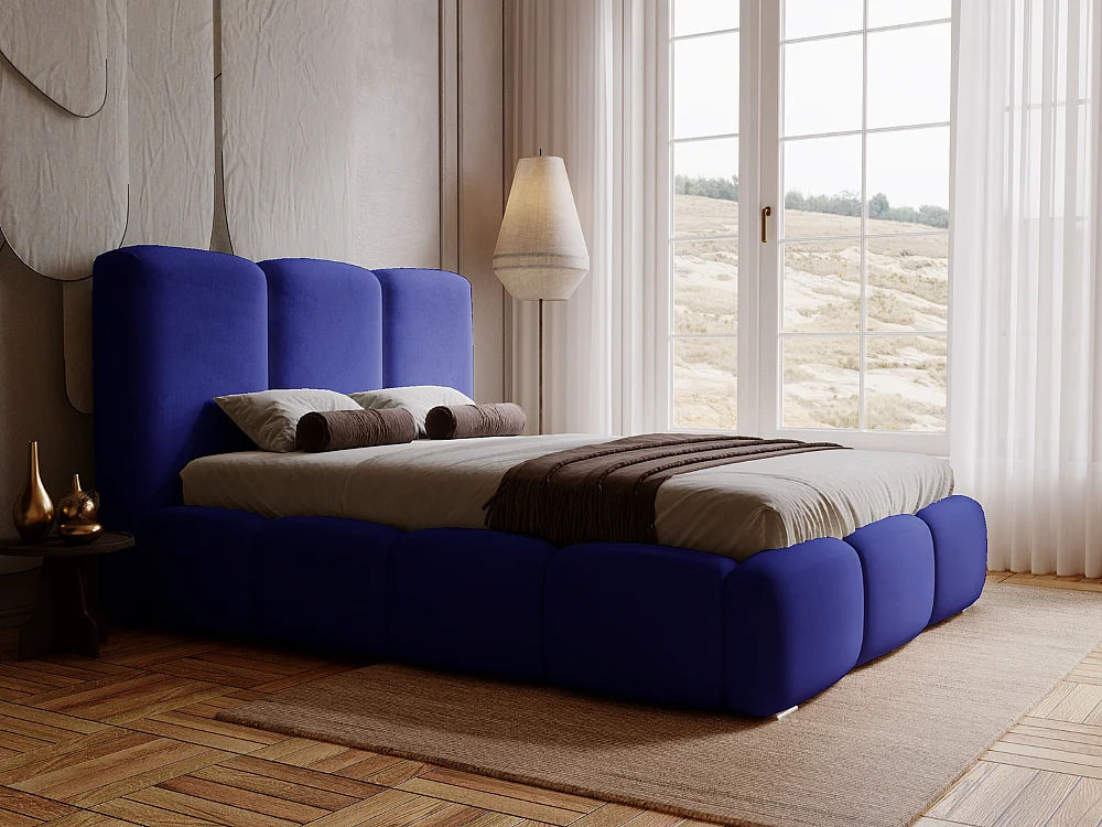Gestoffeerd bed Bubble 160x200 blauw - opbergruimte voor beddengoed, houten lattenbodem, doorgestikt hoofdbord en bedframe