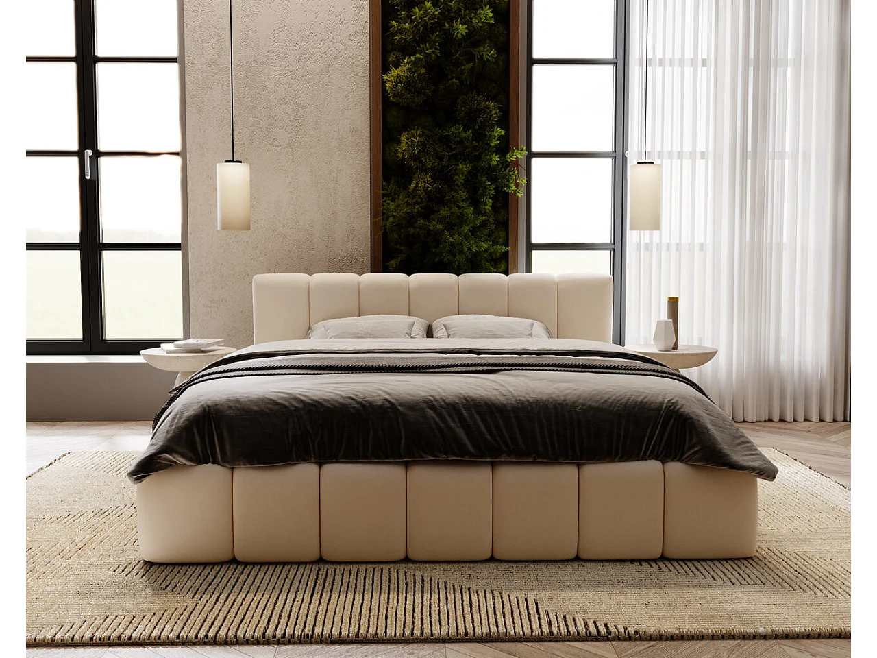 Gestoffeerd bed Split 180x200 crème - opbergruimte voor beddengoed, houten lattenbodem, doorgestikt hoofdbord en bedframe