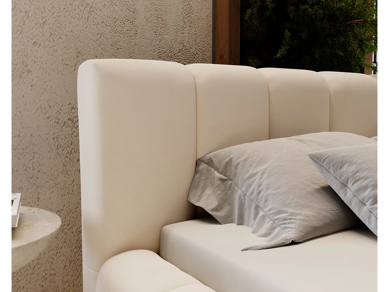 Gestoffeerd bed Split 180x200 crème - opbergruimte voor beddengoed, houten lattenbodem, doorgestikt hoofdbord en bedframe