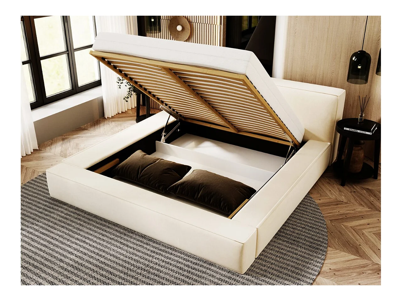 Lit rembourré avec rangement - 160 x 200 - lit double - velours - noir - Mali