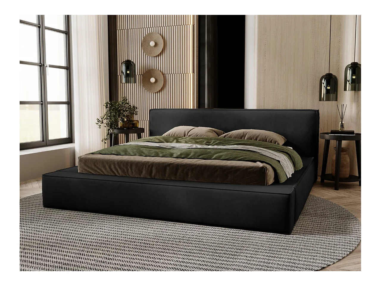 Lit rembourré avec rangement - 160 x 200 - lit double - velours - noir - Mali