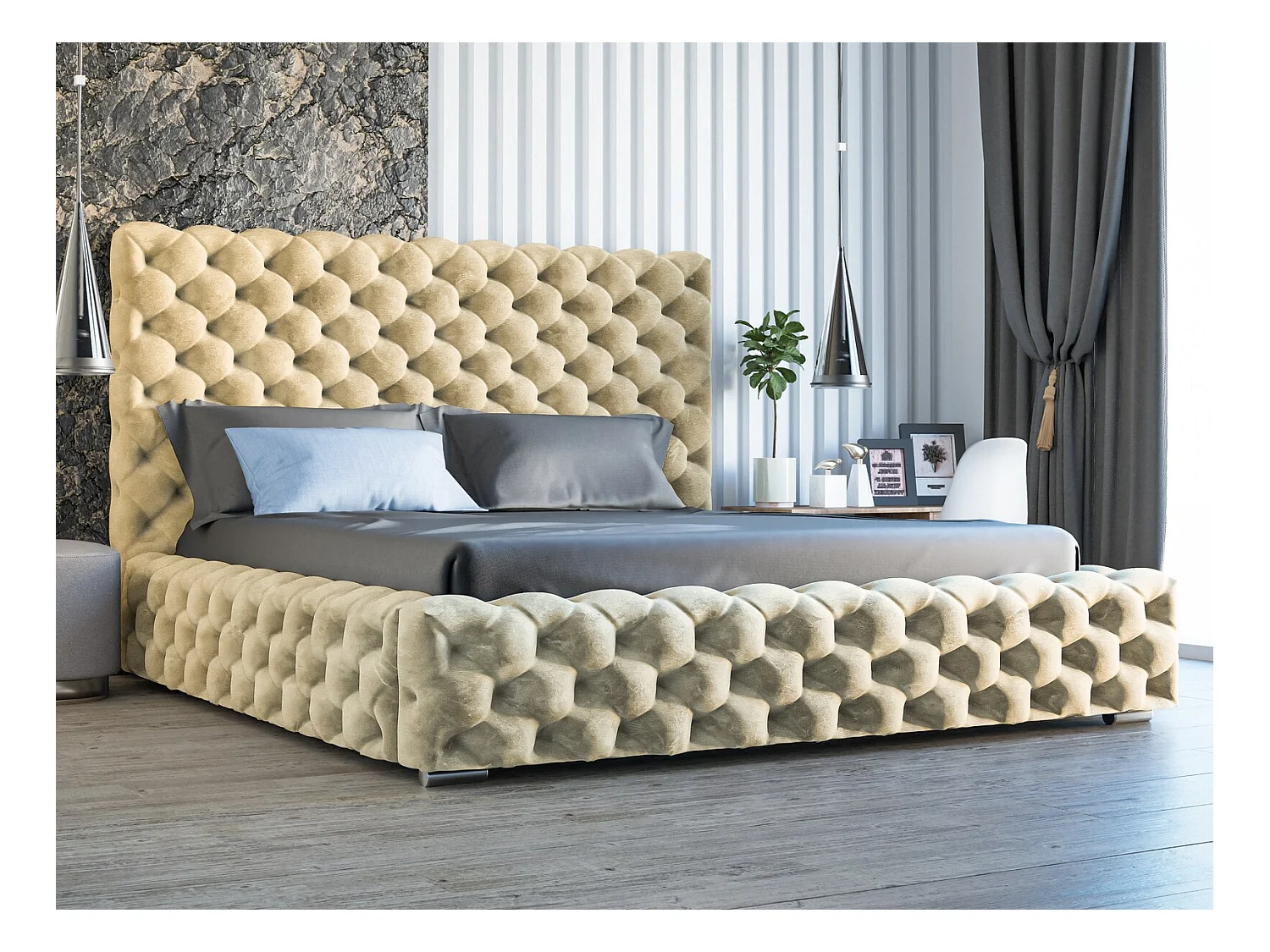 Lit rembourré avec rangement - 160 x 200  - lit double - velours - beige - Heaven