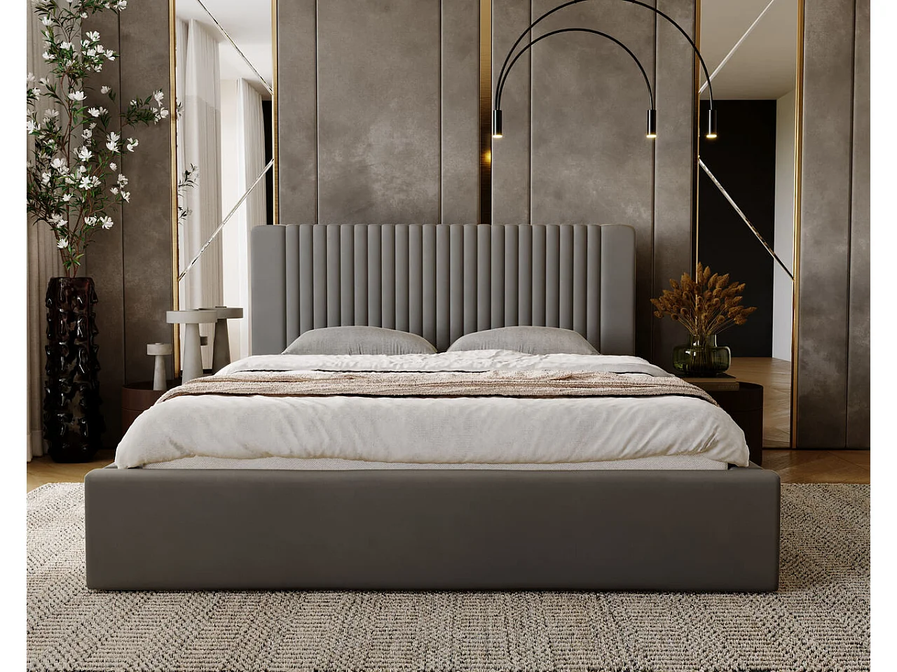 Lit rembourré avec rangement - 160 x 200 - lit double - velours - gris - Malmo