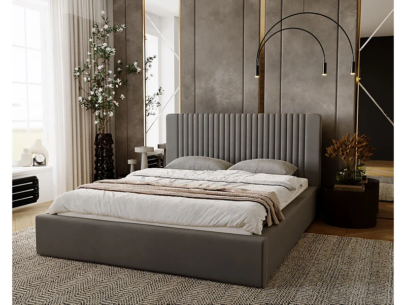 Gestoffeerd bed Malmo 160x200 grijs - opbergruimte voor bed Malmodengoed, houten lattenbodem, doorgestikt hoofdbord en bedframe