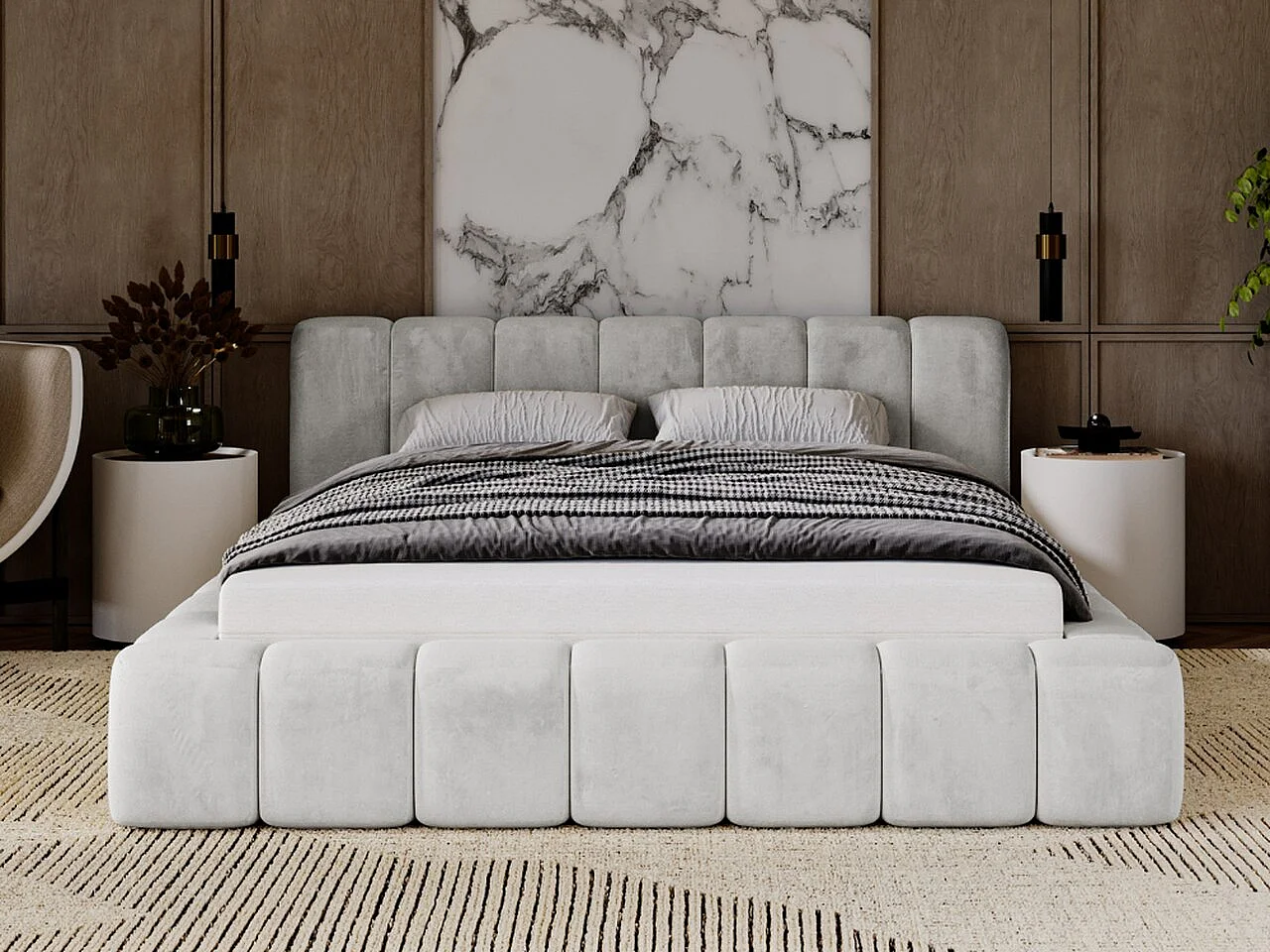 Gestoffeerd bed Ibiza 180x200 lichtgrijs - opbergruimte voor beddengoed, houten lattenbodem, doorgestikt hoofdbord en bedframe.