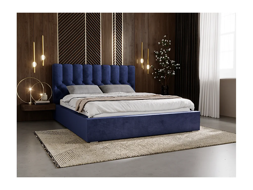 Lit rembourré avec rangement - 200 x 200 - lit double - velours - bleu - Roma