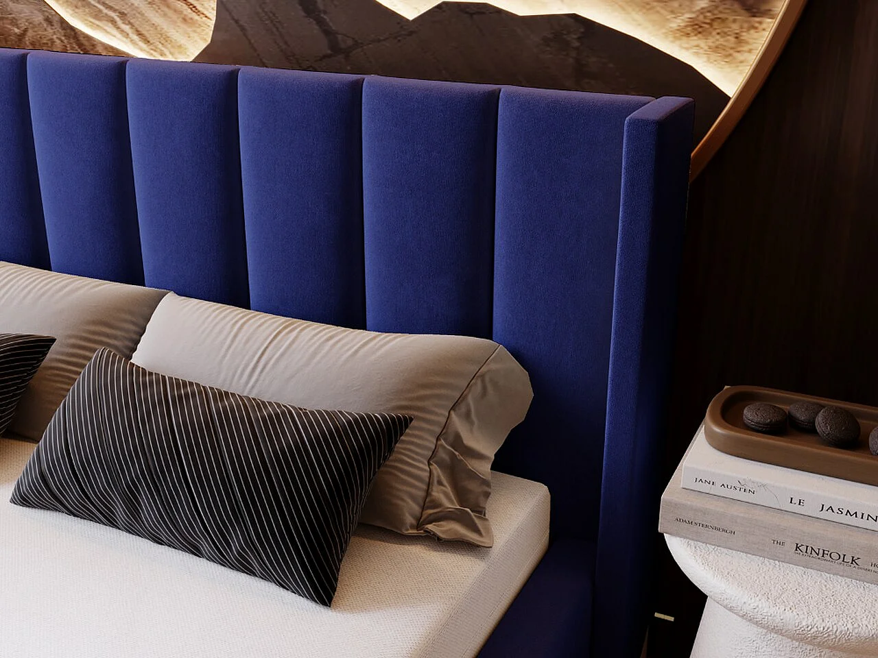 Gestoffeerd bed Marano 160x200 blauw - opbergruimte voor beddengoed, houten lattenbodem, doorgestikt hoofdbord en bedframe