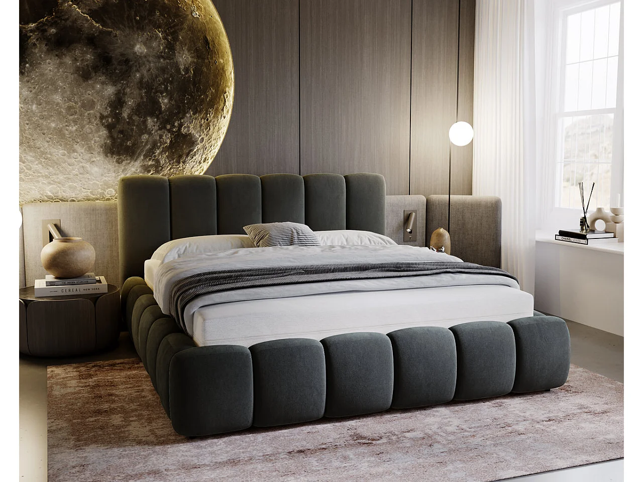 Gestoffeerd bed Cloud 120x200 donkergrijs - opbergruimte voor beddengoed, houten lattenbodem, doorgestikt hoofdbord en bedframe