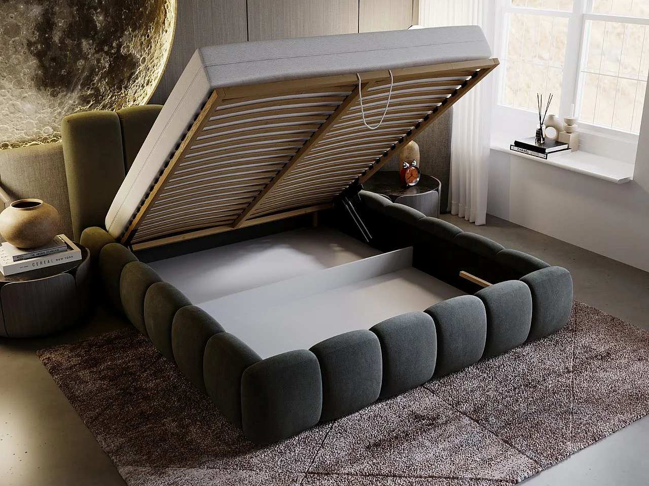 Gestoffeerd bed Cloud 120x200 donkergrijs - opbergruimte voor beddengoed, houten lattenbodem, doorgestikt hoofdbord en bedframe