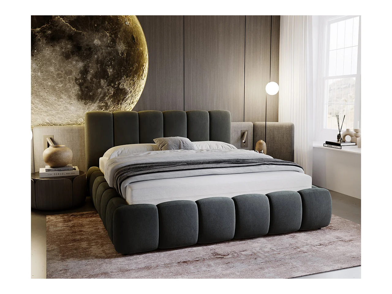 Lit rembourré avec rangement - 120 x 200  - lit double - velours - gris foncé - Cloud