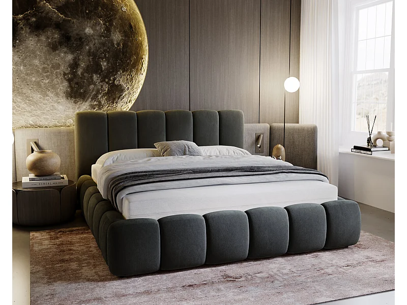 Lit rembourré avec rangement - 120 x 200  - lit double - velours - gris foncé - Cloud