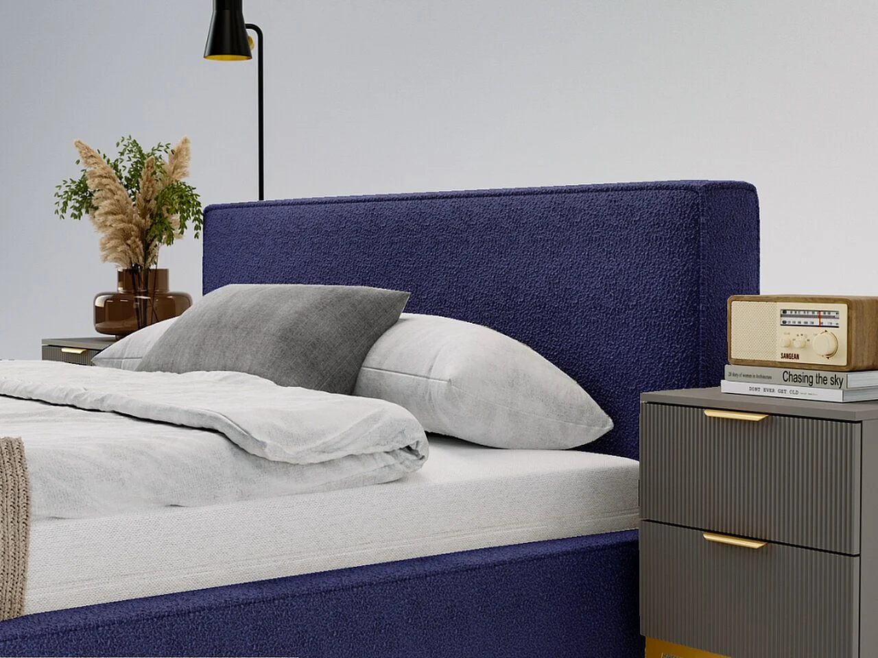 Polsterbett mit Bettkasten - 160 x 200 - Bouclé-Stoff - Blau - Bett mit Lattenrost - MONACO