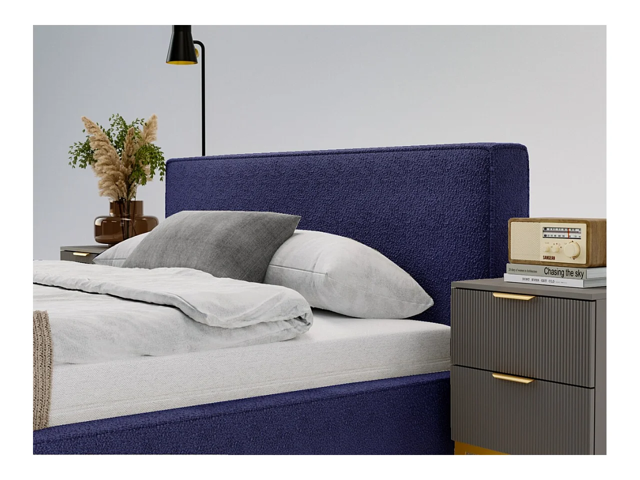 Lit rembourré avec rangement - 160 x 200 - lit double - bouclé - bleu - Monaco