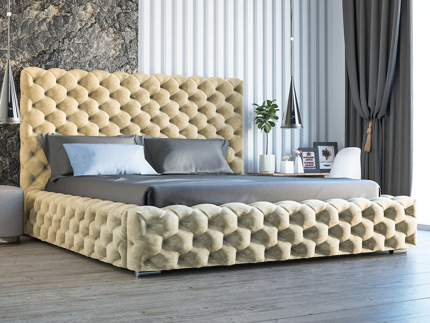 Gestoffeerd bed Heaven 120x200 beige - opbergruimte voor beddengoed, houten lattenbodem, doorgestikt hoofdbord en bedframe