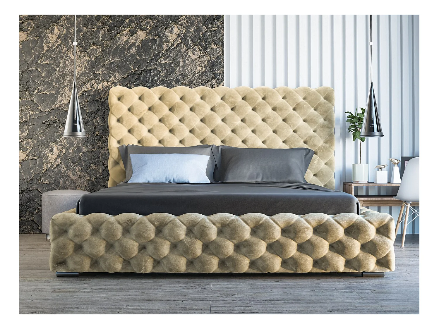 Lit rembourré avec rangement - 120 x 200  - lit double - velours - beige - Heaven