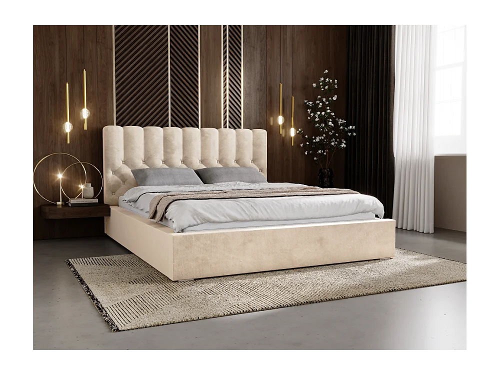 Lit rembourré avec rangement - 200 x 200 - lit double - velours - beige - Roma