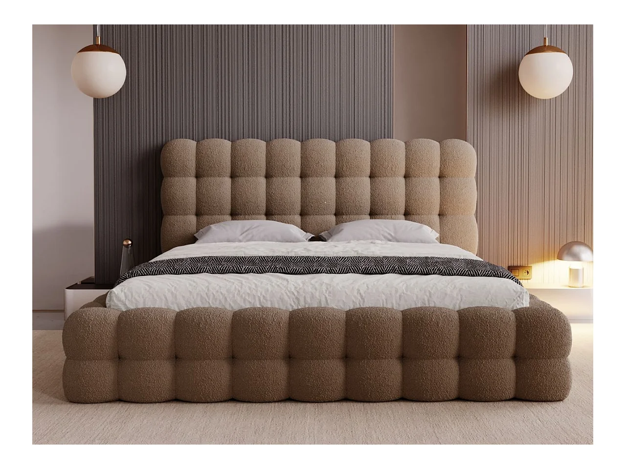 Lit rembourré avec rangement - 160 x 200 - lit double - bouclé - marron - Twist