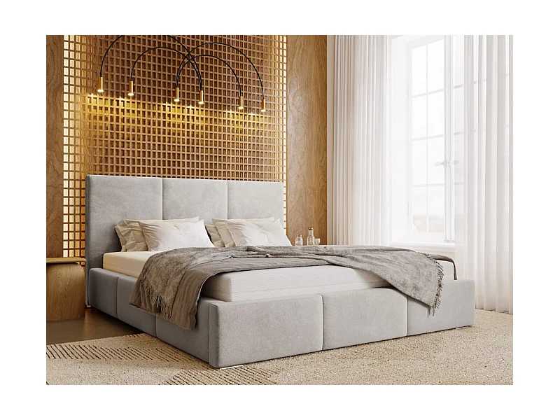 Lit rembourré avec rangement - 140 x 200 - lit double - velours - gris clair - Lincoln