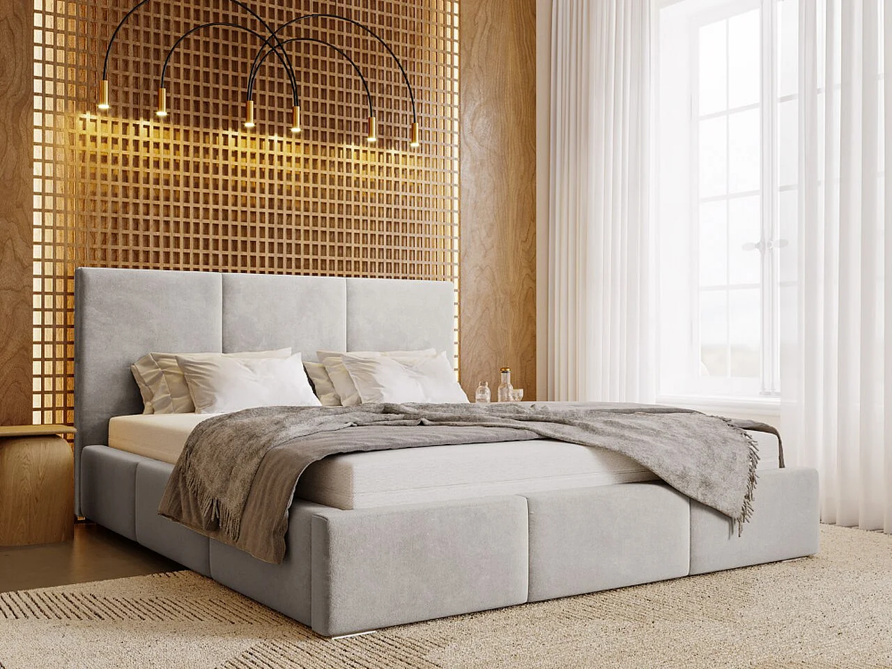 Lit rembourré avec rangement - 140 x 200 - lit double - velours - gris clair - Lincoln