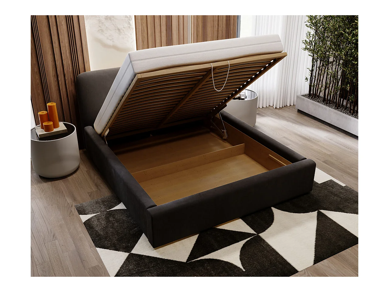 Lit rembourré avec rangement - 120 x 200 - lit double - velours - noir - Palermo