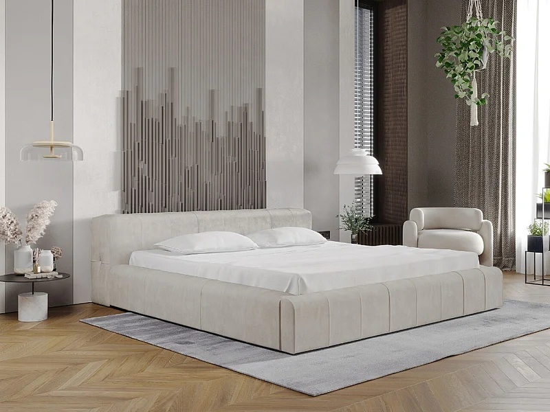 Lit rembourré avec rangement - 180 x 200 - lit double - velours - beige - Lipari