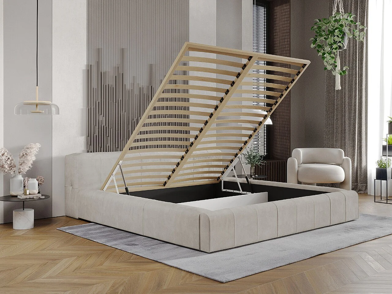 Gestoffeerd bed Lipari 180x200 beige - opbergruimte voor beddengoed, houten lattenbodem, doorgestikt hoofdbord en bedframe