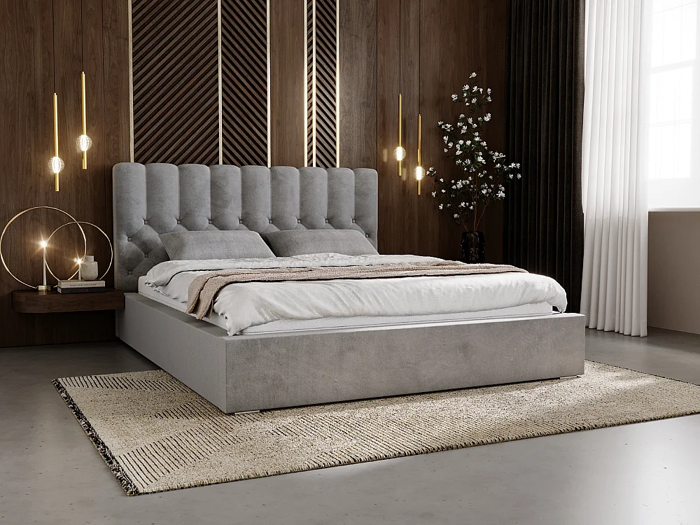 Lit rembourré avec rangement - 180 x 200 - lit double - velours - gris - Roma