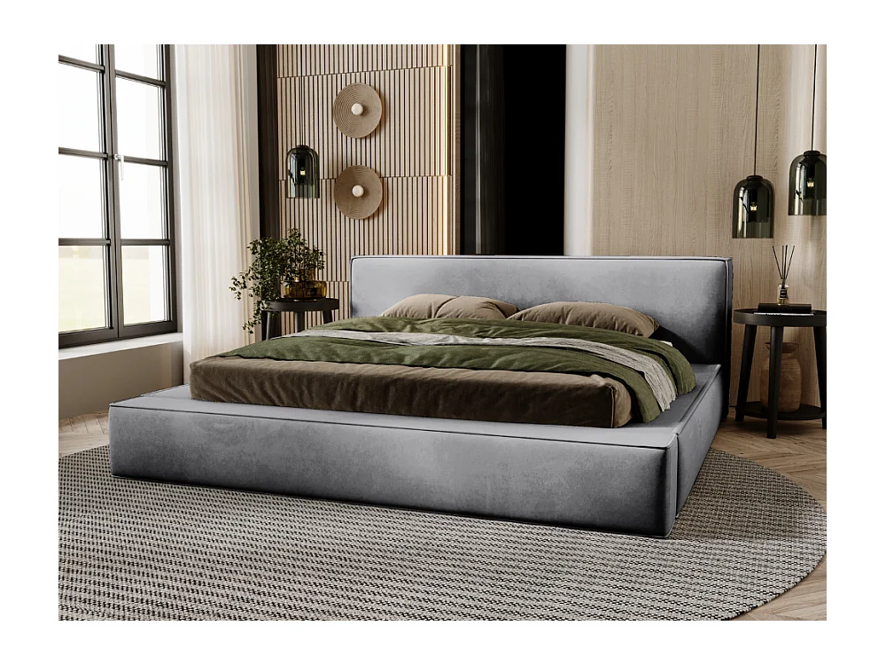 Lit rembourré avec rangement - 120 x 200 - lit double - velours - gris - Mali