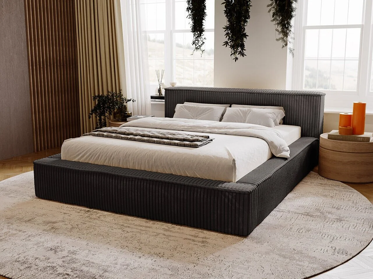 Gestoffeerd bed Lago 140x200 zwart - opbergruimte voor beddengoed, houten lattenbodem, hoofdbord en bedframe