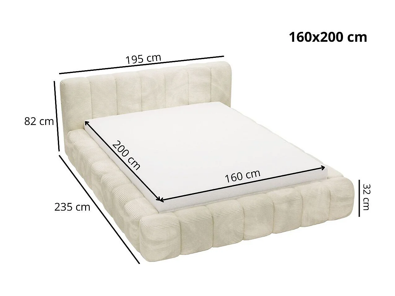 Gestoffeerd bed Ibiza 160x200 lichtgrijs - opbergruimte voor beddengoed, houten lattenbodem, doorgestikt hoofdbord en bedframe.