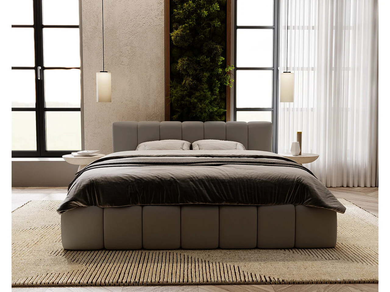 Lit rembourré avec rangement - 180 x 200 - lit double - velours - gris - Split