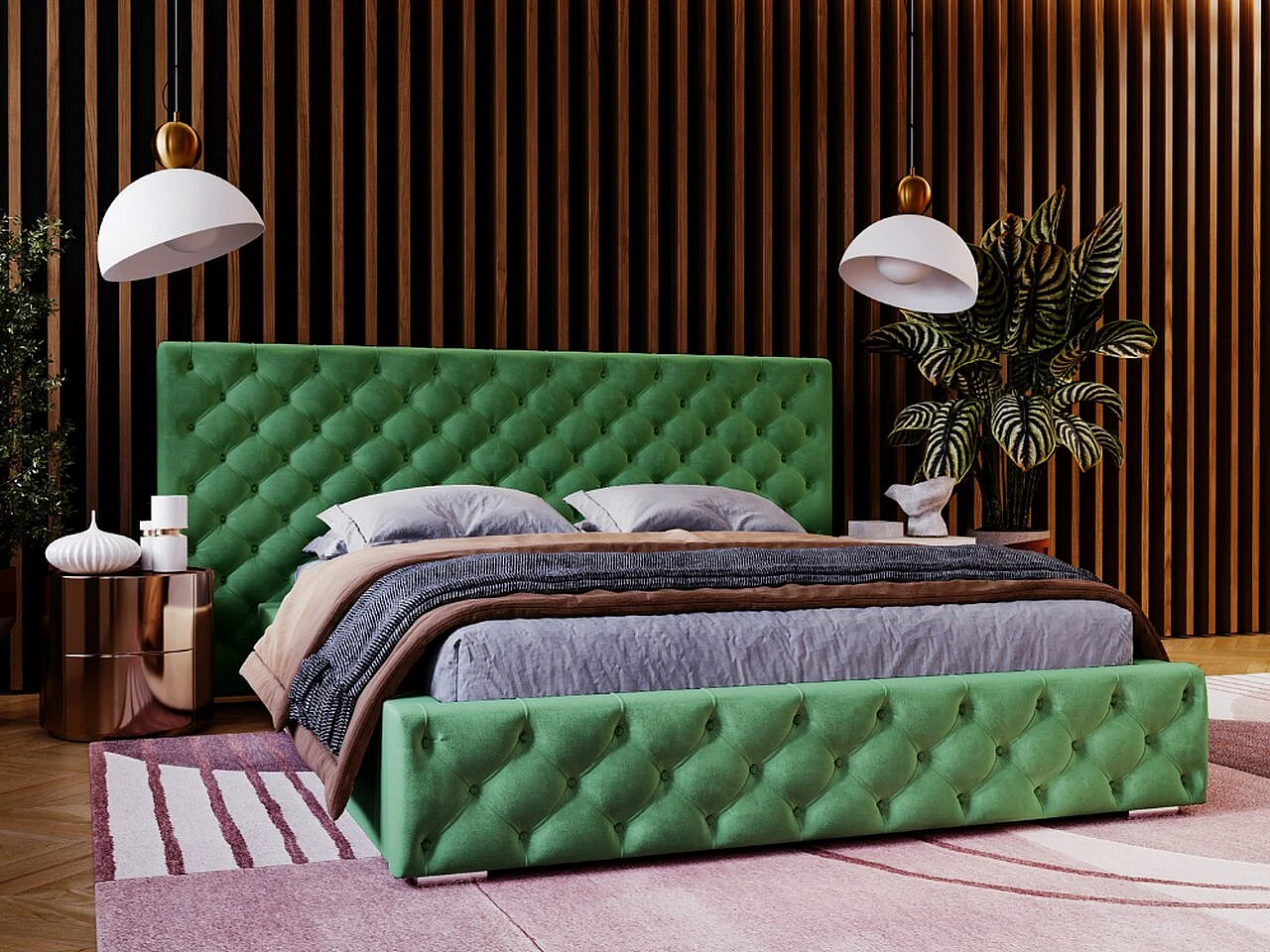 Gestoffeerd bed Madera 180x200 groen - opbergruimte voor beddengoed, houten lattenbodem, doorgestikt hoofdbord en bedframe