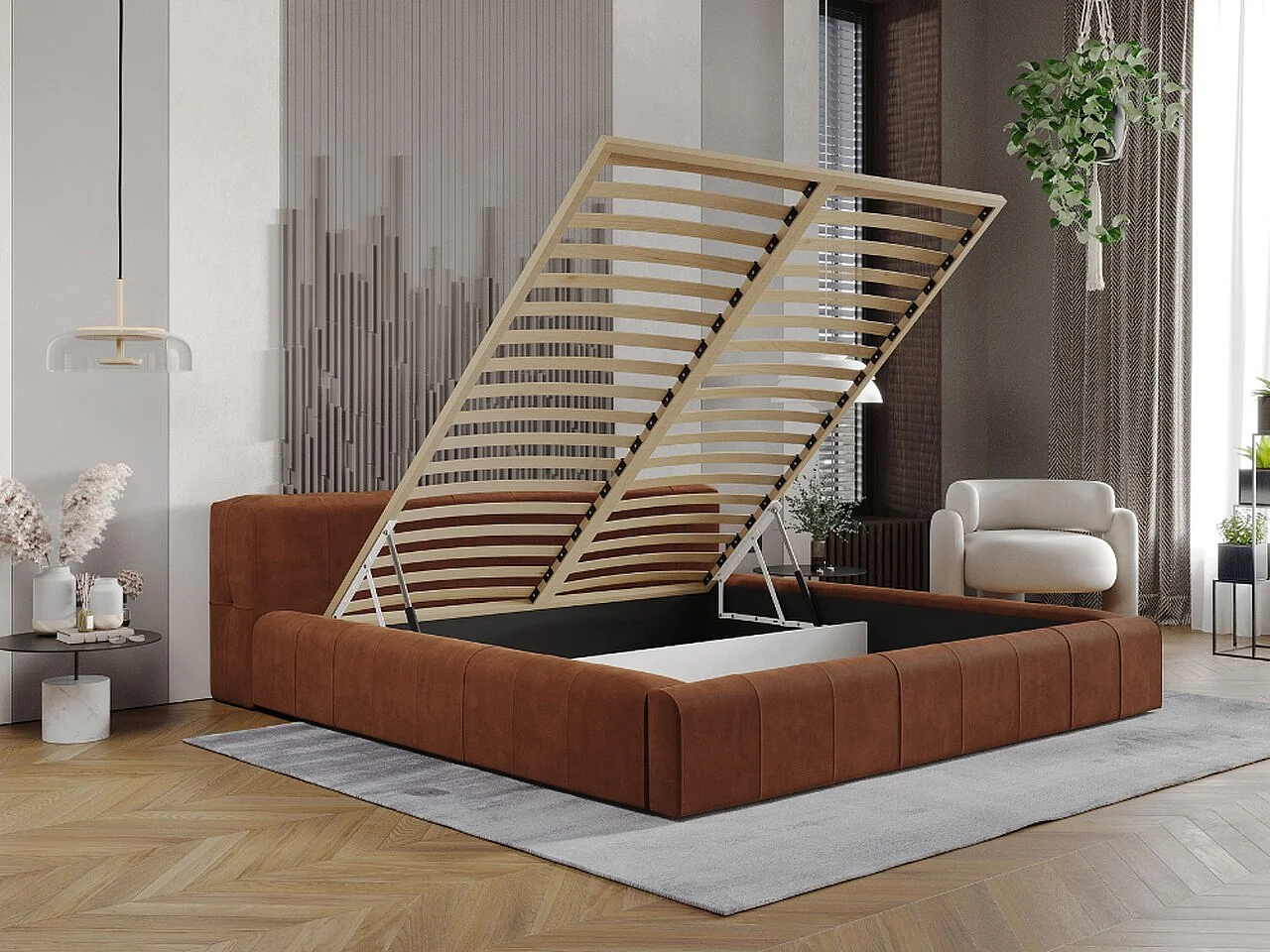 Lit rembourré avec rangement - 180 x 200 - lit double - velours - marron - Lipari