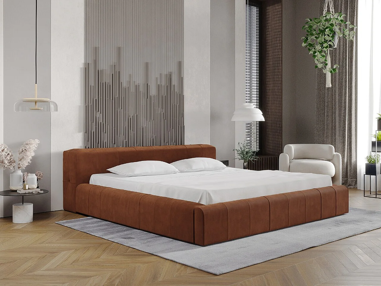 Lit rembourré avec rangement - 180 x 200 - lit double - velours - marron - Lipari