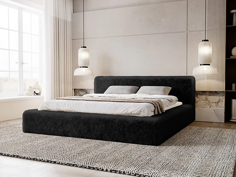 Lit rembourré avec rangement - 120 x 200 - lit double - peluche - noir - Enjoy