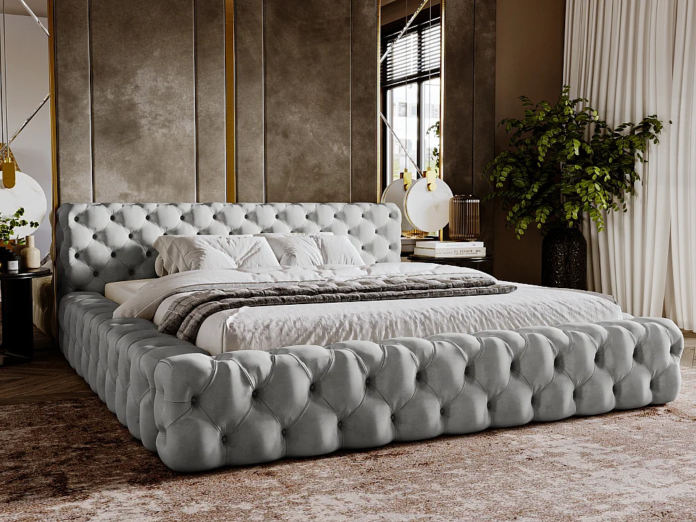 Lit rembourré avec rangement - 140 x 200 - lit double - velours - gris - Palini